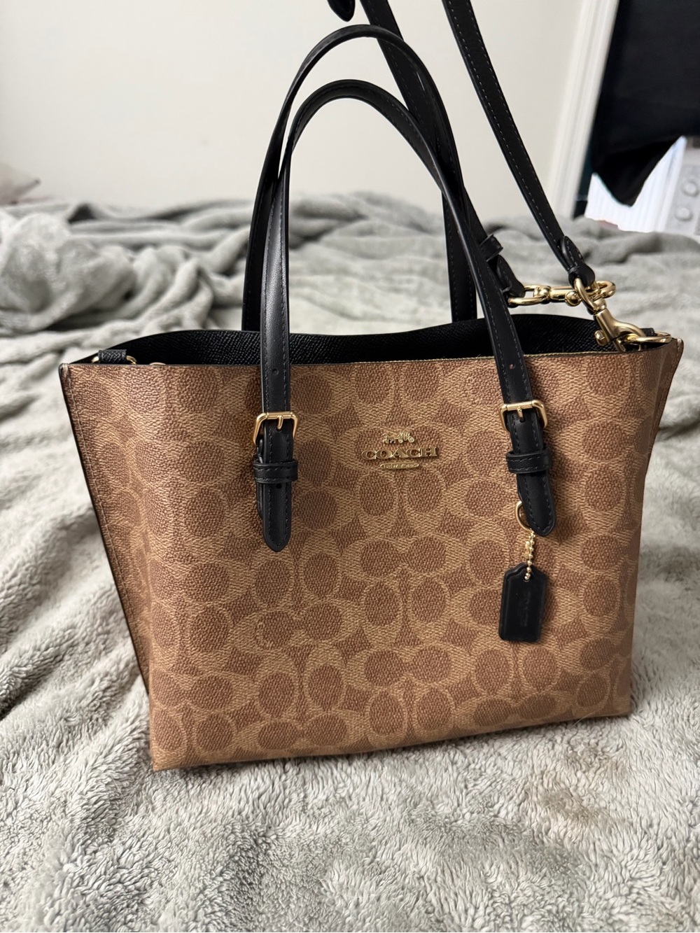 Coach Brown Signature Tote with Black Leather Trim and Gold Hardware